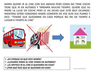 NURIA HERNANDO
MARÍA QUIERE IR AL CINE CON SUS AMIGAS PERO COMO NO TIENE COCHE
TIENE QUE IR EN AUTOBÚS Y TARDARÍA MUCHO TIEMPO. QUIERE QUE SU
PADRE LA LLEVE EN COCHE PERO LE HA DICHO QUE ESTÁ MUY OCUPADO.
MIENTRAS ESTÁN COMIENDO MARÍA COMENTA EN VOZ ALTA SUS PLANES Y
DICE: “TENDRÉ QUE QUEDARME EN CASA PORQUE NO ME DA TIEMPO A
LLEGAR A TIEMPO AL CINE”
 ¿ES VERDAD LO QUE DICE MARÍA?
 ¿LLEGARÍA TARDE AL CINE YENDO EN AUTOBÚS?
 ¿LE APETECE IR AL CINE O QUEDARSE EN CASA?
 ¿POR QUÉ DICE QUE SE QUEDARÁ EN CASA?
 