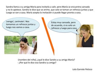 -(nombre del niño), ¿qué le dice Sandra a su amiga María?
- ¿Por qué le dice eso Sandra su amiga?
Sandra llama a su amiga María para invitarla a salir, pero María se encuentra cansada
y no le apetece. Sandra le dice que se anime, que solo se toman un refresco juntas y que
Luego se van a casa. María acepta la invitación si puede llegar pronto a casa.
Lola Garrote Petisco
¡venga!, ¡anímate!. Nos
tomamos un refresco juntas y
luego nos vamos a casa.
Estoy muy cansada, pero
de acuerdo, si es solo un
refresco y luego para casa.
 
