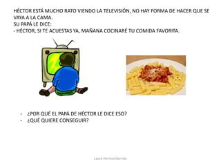 Laura Herrera Garrido
HÉCTOR ESTÁ MUCHO RATO VIENDO LA TELEVISIÓN, NO HAY FORMA DE HACER QUE SE
VAYA A LA CAMA.
SU PAPÁ LE DICE:
- HÉCTOR, SI TE ACUESTAS YA, MAÑANA COCINARÉ TU COMIDA FAVORITA.
- ¿POR QUÉ EL PAPÁ DE HÉCTOR LE DICE ESO?
- ¿QUÉ QUIERE CONSEGUIR?
 