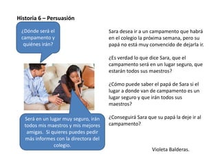 Violeta Balderas.
Historia 6 – Persuasión
Sara desea ir a un campamento que habrá
en el colegio la próxima semana, pero su
papá no está muy convencido de dejarla ir.
¿Es verdad lo que dice Sara, que el
campamento será en un lugar seguro, que
estarán todos sus maestros?
¿Cómo puede saber el papá de Sara si el
lugar a donde van de campamento es un
lugar seguro y que irán todos sus
maestros?
¿Conseguirá Sara que su papá la deje ir al
campamento?
¿Dónde será el
campamento y
quiénes irán?
Será en un lugar muy seguro, irán
todos mis maestros y mis mejores
amigas. Si quieres puedes pedir
más informes con la directora del
colegio.
 