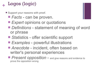Logos (logic) Support your reasons with proof.  Facts  - can be proven.  Expert  opinions or quotations  Definitions  - statement of meaning of word or phrase  Statistic s - offer scientific support  Examples  - powerful illustrations  Anecdote  - incident, often based on writer's personal experiences  Present opposition  -  and give reasons and evidence to prove the opposition wrong  