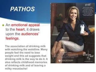 PATHOS

S An emotional appeal
  to the heart, it draws
  upon the audiences’
  feelings.

 The association of drinking milk
 with watching the waistline. Many
 people feel the need to lose
 weight and this ad suggests that
 drinking milk is the way to do it. It
 also reflects childhood memories
 of drinking milk and of leaving a
 milky moustache!
 