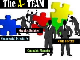 The A- TEAM
Commercial Director/s
Graphic Designer
Campaign Manager
Music Director
 