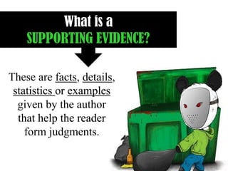 These are facts, details,
statistics or examples
given by the author
that help the reader
form judgments.
What is a
SUPPORTING EVIDENCE?
 