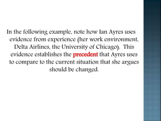 In the following example, note how Ian Ayres uses
evidence from experience (her work environment,
Delta Airlines, the University of Chicago). This
evidence establishes the precedent that Ayres uses
to compare to the current situation that she argues
should be changed.
 
