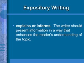 Expository Writing <ul><li>explains or   informs.   The writer should present information in a way that enhances the reade...