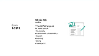 Utilize UX
         and/or
Create
         The 6 Principles
Tests    of persuasion:
         • Reciprocity
         • Commitment & Consistency
         • Scarcity
         • Authority
         • Liking
         • Social proof
 