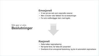 Emosjonell
                    • Vi ser på oss selv som rasjonelle vesener
                    • Men vi bruker våre følelser til å ta beslutninger
                    • For så å rettferdiggjør dem med logikk:



Slik gjør vi våre
Beslutninger


                    Rasjonell
                    • Dette kalles rasjonalisering
                    • Nå hjertet først, før fakta blir presentert
                    • Overbevis til en emosjonell beslutning, og de vil automatisk rasjonalisere
 