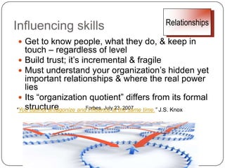 Influencing skillsClarityBe clear on what you want Be clear on what you’ve got, & where your lines will be drawnCommunicate clearly, in the style of the listener