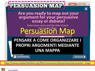 Persuasion Map
PENSARE A COME ORGANIZZARE I
PROPRI ARGOMENTI MEDIANTE
UNA MAPPA
http://www.readwritethink.org/files/resources/interactives/persuasion_map/
 