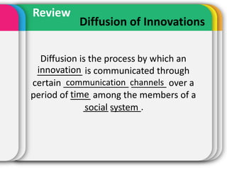 Review
           Diffusion of Innovations

  Diffusion is the process by which an
 innovation
 _________ is communicated through
certain _____________ channels over a
         communication _______
period of time among the members of a
          ____
             _____ system
              social ______.
 