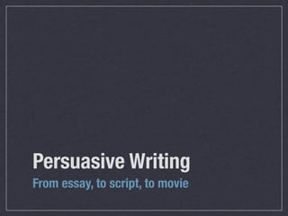 Persuasive Writing
From essay, to script, to movie
 