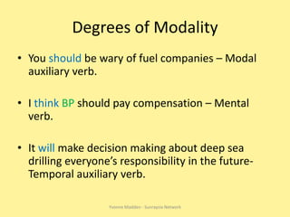 Grammatical Features cont.Connectives– used to link logical relationships.Temporal – used to order prepositions in the preview or at other stages in a more complex argument.E.g.Firstlymany people can suffer from shortness of breath due to smoking and secondly it can aggravate asthma.Grammatical Features contCausalConnectives… link points in the argumentThe birds died because they were covered in oil.One thing happened as a direct result of something else.