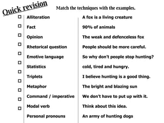Quick revision Match the techniques with the examples. Alliteration Fact Opinion Rhetorical question Emotive language Statistics Triplets Metaphor Command / imperative Modal verb Personal pronouns              A fox is a living creature 90% of animals The weak and defenceless fox People should be more careful. So why don’t people stop hunting? cold, tired and hungry. I believe hunting is a good thing. The bright and blazing sun We don’t have to put up with it. Think about this idea. An army of hunting dogs 