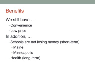 Benefits We still have…ConvenienceLow priceIn addition, …Schools are not losing money (short-term)Maine Minneapolis Health (long-term)