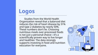Logos
Studies from the World Health
Organization reveal that a balanced diet
reduces the risk of heart disease by 31%
and type 2 diabetes by nearly 50%.
These numbers don’t lie. Choosing
nutritious meals over processed foods
is not just a personal choice—it’s a
scientifically proven way to live longer
and healthier. The data strongly
supports investing in food and nutrition
education for everyone.
 