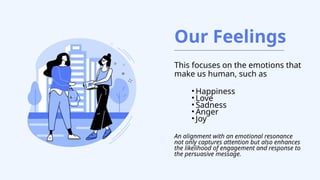 Our Feelings
This focuses on the emotions that
make us human, such as
• Happiness
• Love
• Sadness
• Anger
• Joy
An alignment with an emotional resonance
not only captures attention but also enhances
the likelihood of engagement and response to
the persuasive message.
 