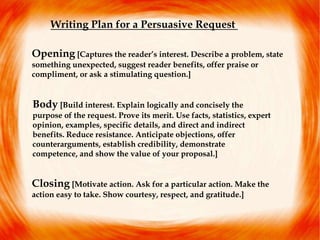 Writing Plan for a Persuasive Request
Opening [Captures the reader’s interest. Describe a problem, state
something unexpected, suggest reader benefits, offer praise or
compliment, or ask a stimulating question.]
Body [Build interest. Explain logically and concisely the
purpose of the request. Prove its merit. Use facts, statistics, expert
opinion, examples, specific details, and direct and indirect
benefits. Reduce resistance. Anticipate objections, offer
counterarguments, establish credibility, demonstrate
competence, and show the value of your proposal.]
Closing [Motivate action. Ask for a particular action. Make the
action easy to take. Show courtesy, respect, and gratitude.]
 