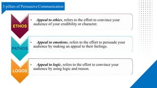 Affect
ETHOS
• Appeal to ethics, refers to the effort to convince your
audience of your credibility or character.
PATHOS
• Appeal to emotions, refers to the effort to persuade your
audience by making an appeal to their feelings.
LOGOS
• Appeal to logic, refers to the effort to convince your
audience by using logic and reason.
3 pillars of Persuasive Communication
 