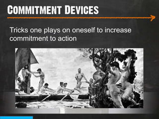 Commitment Devices
___________________________
                                          >
Tricks one plays on oneself to increase
commitment to action
 