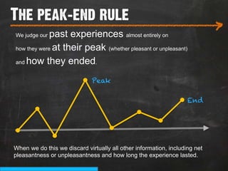 The peak-end rule
___________________________
We judge our past experiences almost entirely on
                                                                            >
how they were at their peak (whether pleasant or unpleasant)

and how they ended.


                              Peak

                                                                   End




When we do this we discard virtually all other information, including net
pleasantness or unpleasantness and how long the experience lasted.
 