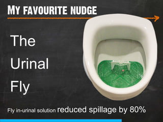 My favourite nudge
___________________________
                                                   >
The
Urinal
Fly
Fly in-urinal solution reduced   spillage by 80%
 