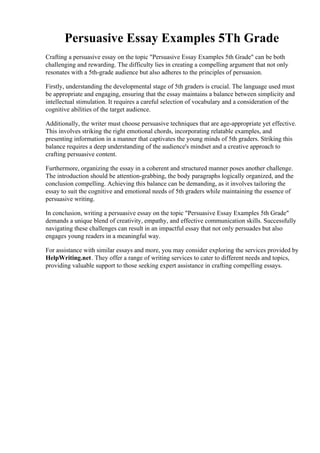 Persuasive Essay Examples 5Th Grade. Argumentative Essay Fifth Grade ...