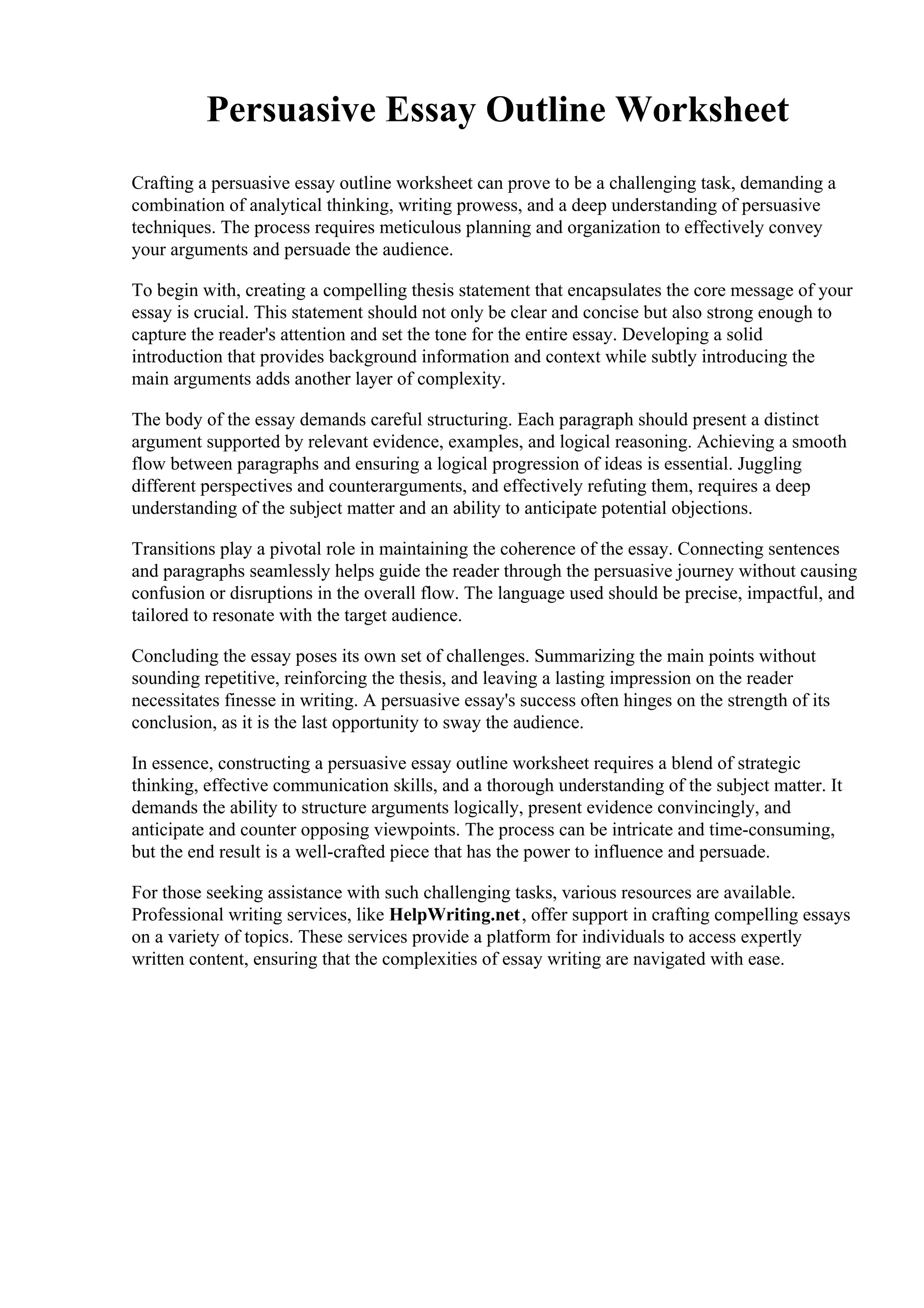 Persuasive Essay Outline Worksheet. Oak Brook College of Law and ...