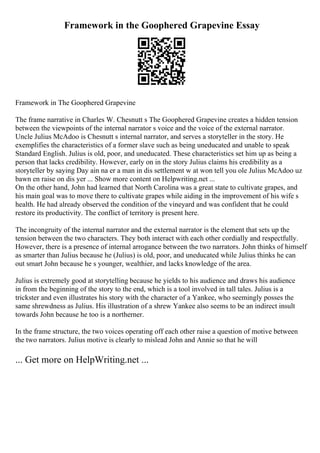 Framework in the Goophered Grapevine Essay
Framework in The Goophered Grapevine
The frame narrative in Charles W. Chesnutt s The Goophered Grapevine creates a hidden tension
between the viewpoints of the internal narrator s voice and the voice of the external narrator.
Uncle Julius McAdoo is Chesnutt s internal narrator, and serves a storyteller in the story. He
exemplifies the characteristics of a former slave such as being uneducated and unable to speak
Standard English. Julius is old, poor, and uneducated. These characteristics set him up as being a
person that lacks credibility. However, early on in the story Julius claims his credibility as a
storyteller by saying Day ain na er a man in dis settlement w at won tell you ole Julius McAdoo uz
bawn en raise on dis yer ... Show more content on Helpwriting.net ...
On the other hand, John had learned that North Carolina was a great state to cultivate grapes, and
his main goal was to move there to cultivate grapes while aiding in the improvement of his wife s
health. He had already observed the condition of the vineyard and was confident that he could
restore its productivity. The conflict of territory is present here.
The incongruity of the internal narrator and the external narrator is the element that sets up the
tension between the two characters. They both interact with each other cordially and respectfully.
However, there is a presence of internal arrogance between the two narrators. John thinks of himself
as smarter than Julius because he (Julius) is old, poor, and uneducated while Julius thinks he can
out smart John because he s younger, wealthier, and lacks knowledge of the area.
Julius is extremely good at storytelling because he yields to his audience and draws his audience
in from the beginning of the story to the end, which is a tool involved in tall tales. Julius is a
trickster and even illustrates his story with the character of a Yankee, who seemingly posses the
same shrewdness as Julius. His illustration of a shrew Yankee also seems to be an indirect insult
towards John because he too is a northerner.
In the frame structure, the two voices operating off each other raise a question of motive between
the two narrators. Julius motive is clearly to mislead John and Annie so that he will
... Get more on HelpWriting.net ...
 