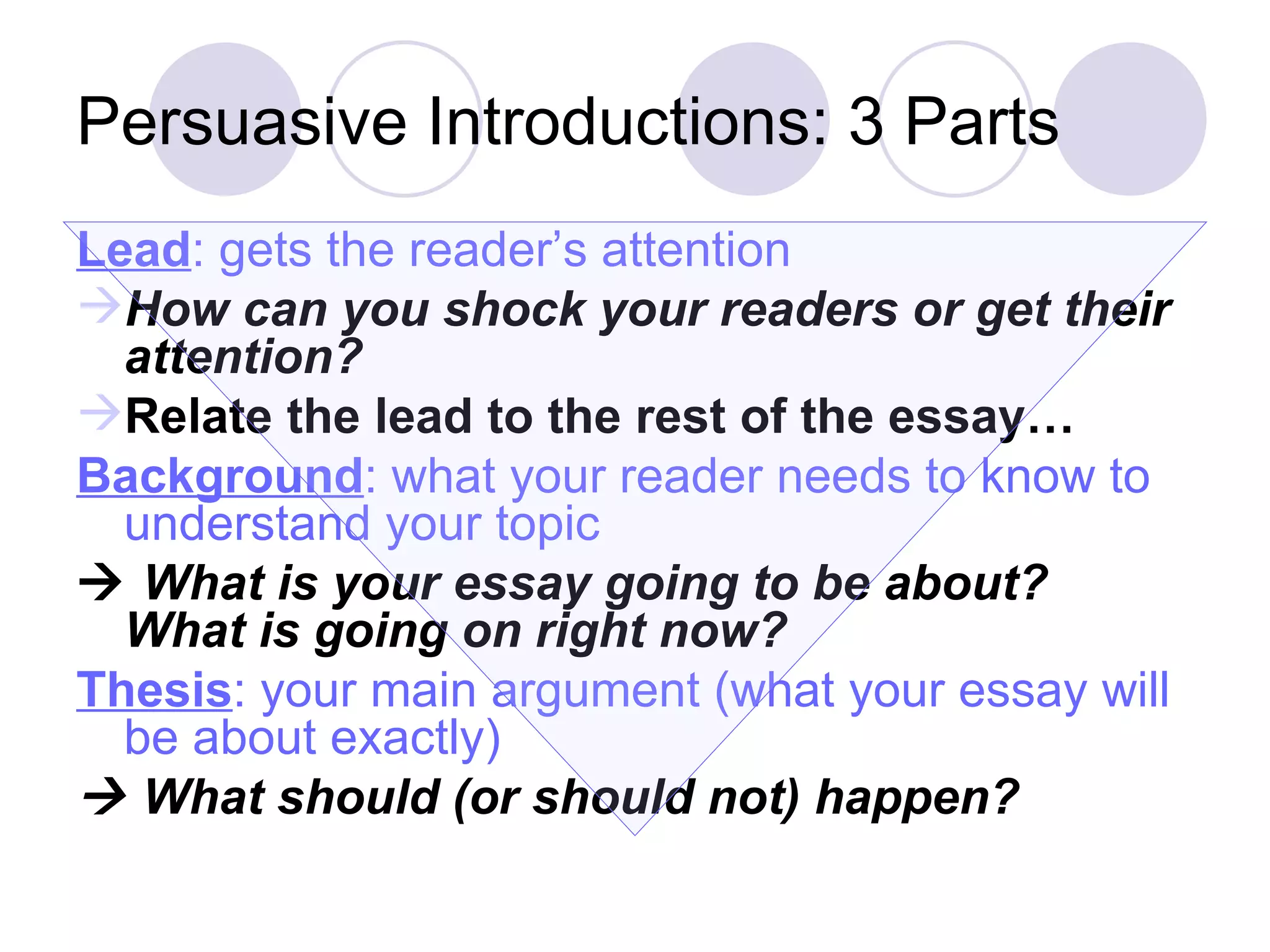 Persuasive Introductions: 3 Parts Lead : gets the reader’s attention How can you shock your readers or get their attention? Relate the lead to the rest of the essay… Background : what your reader needs to know to understand your topic    What is your essay going to be about?  What is going on right now? Thesis : your main argument (what your essay will be about exactly)    What should (or should not) happen? 