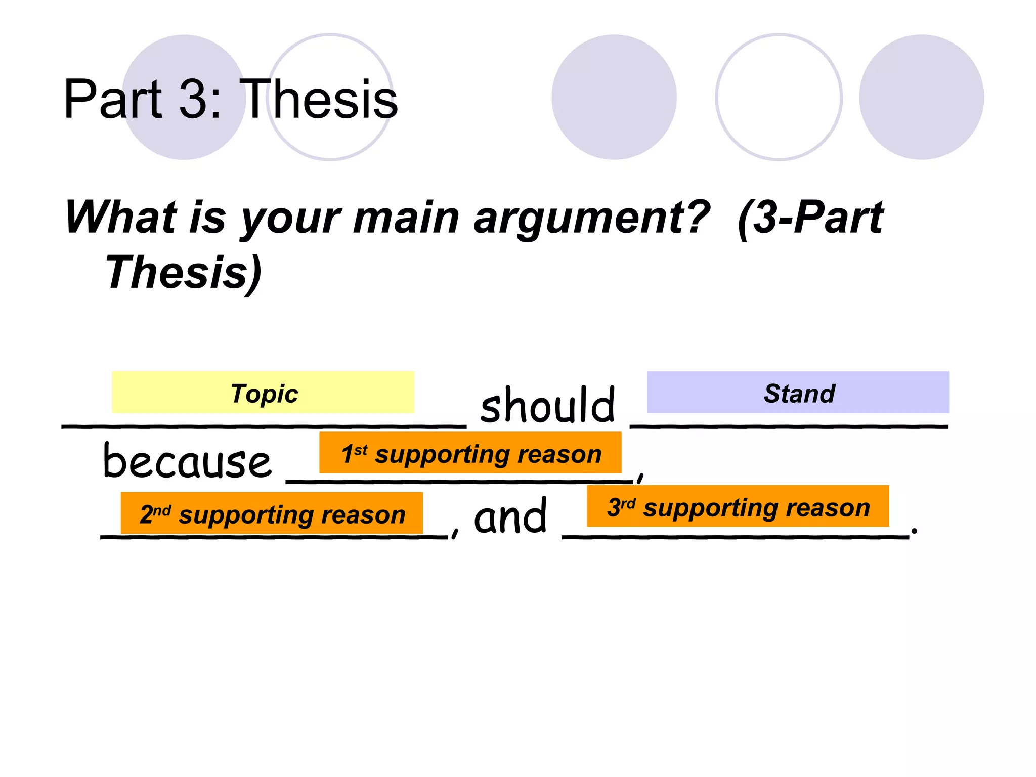 Part 3: Thesis What is your main argument?  (3-Part Thesis) ______________ should ___________ because ____________, ____________, and ____________. Topic Stand 1 st  supporting reason 2 nd  supporting reason 3 rd  supporting reason 
