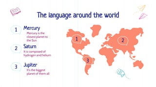 The language around the world
Mercury is the
closest planet to
the Sun
It’s the biggest
planet of them all
It is composed of
hydrogen and helium
Saturn
Mercury
Jupiter
1
2
3
1 2
3
 