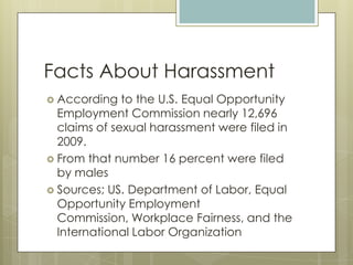 Facts About HarassmentAccording to the U.S. Equal Opportunity Employment Commission nearly 12,696 claims of sexual harassment were filed in 2009.From that number 16 percent were filed by malesSources; US. Department of Labor, Equal Opportunity Employment Commission, Workplace Fairness, and the International Labor Organization