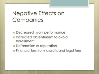Negative Effects on CompaniesDecreased  work performanceIncreased absenteeism to avoid harassmentDefamation of reputationFinancial loss from lawsuits and legal fees