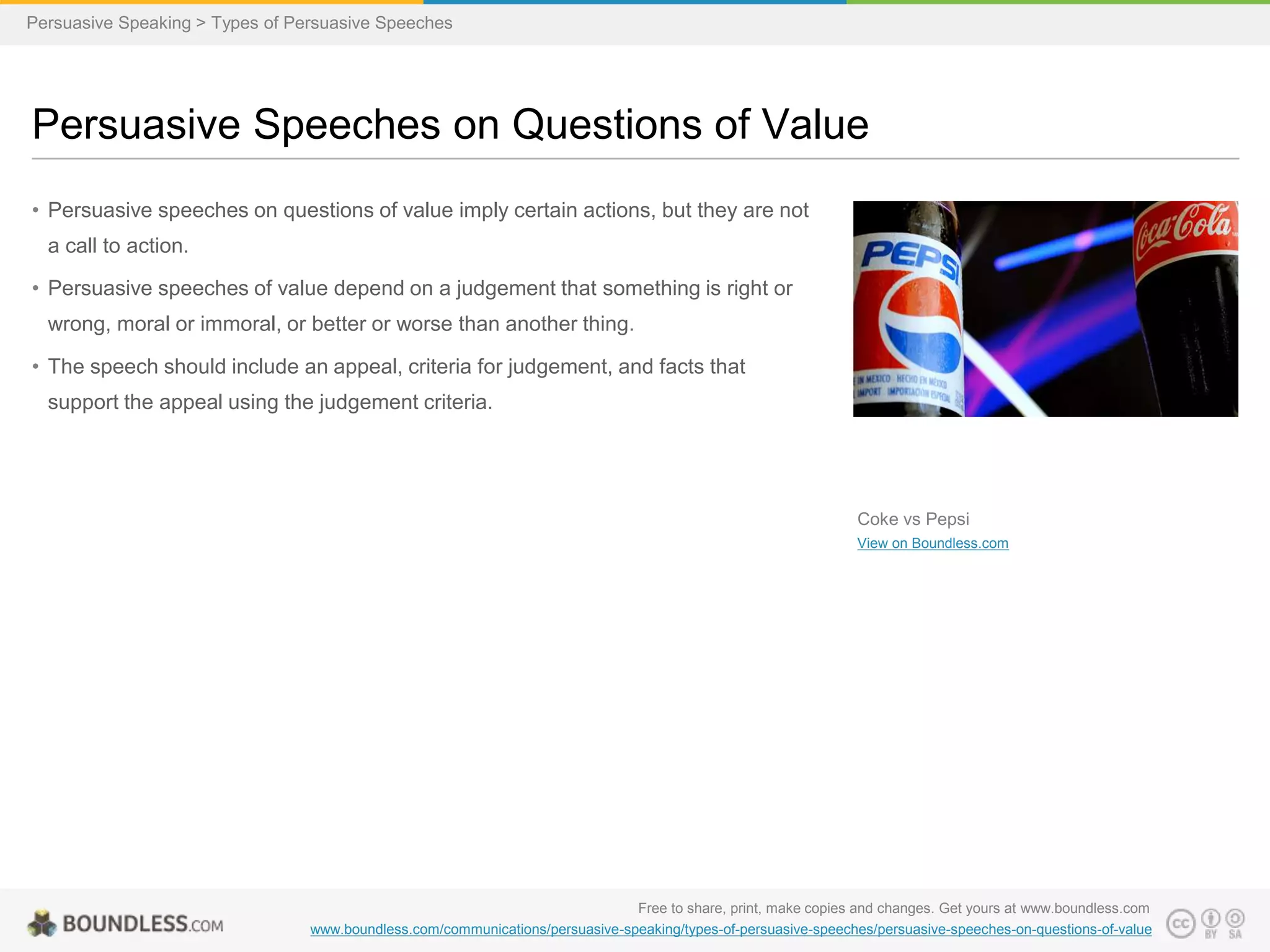 Persuasive Speaking > Types of Persuasive Speeches

Persuasive Speeches on Questions of Value
• Persuasive speeches on questions of value imply certain actions, but they are not
a call to action.

• Persuasive speeches of value depend on a judgement that something is right or
wrong, moral or immoral, or better or worse than another thing.
• The speech should include an appeal, criteria for judgement, and facts that
support the appeal using the judgement criteria.

Coke vs Pepsi
View on Boundless.com

Free to share, print, make copies and changes. Get yours at www.boundless.com
www.boundless.com/communications/persuasive-speaking/types-of-persuasive-speeches/persuasive-speeches-on-questions-of-value

 
