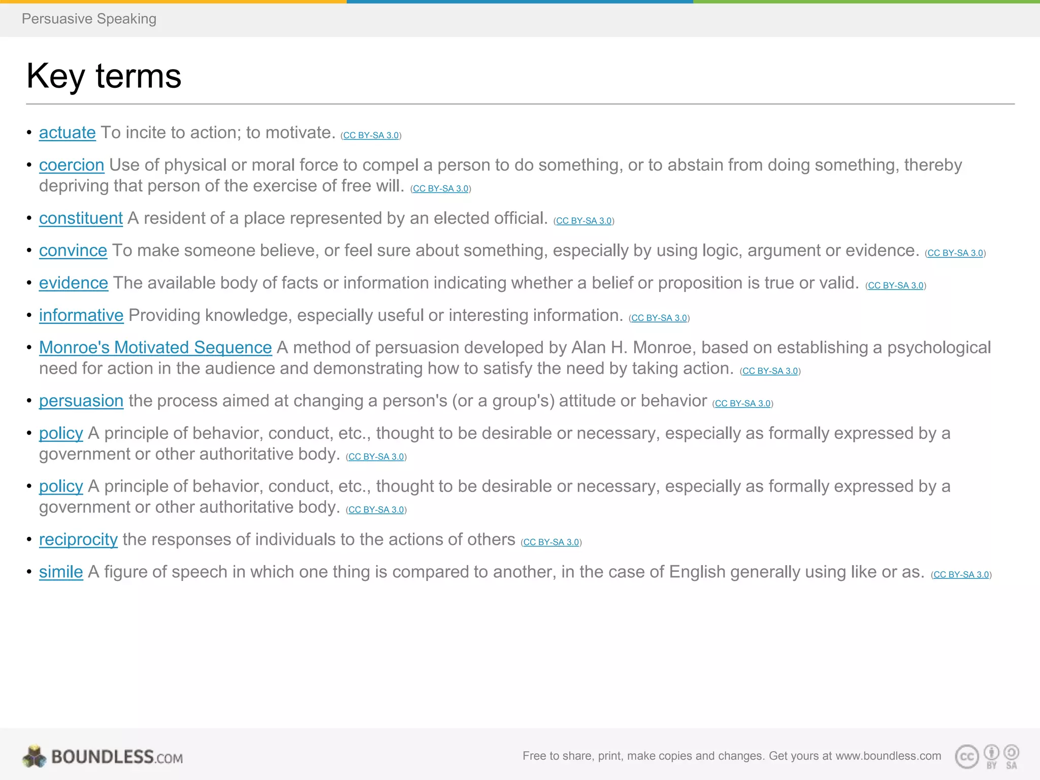 Persuasive Speaking

Key terms
• actuate To incite to action; to motivate. (CC BY-SA 3.0)
• coercion Use of physical or moral force to compel a person to do something, or to abstain from doing something, thereby
depriving that person of the exercise of free will. (CC BY-SA 3.0)
• constituent A resident of a place represented by an elected official. (CC BY-SA 3.0)

• convince To make someone believe, or feel sure about something, especially by using logic, argument or evidence. (CC BY-SA 3.0)
• evidence The available body of facts or information indicating whether a belief or proposition is true or valid.

(CC BY-SA 3.0)

• informative Providing knowledge, especially useful or interesting information. (CC BY-SA 3.0)
• Monroe's Motivated Sequence A method of persuasion developed by Alan H. Monroe, based on establishing a psychological
need for action in the audience and demonstrating how to satisfy the need by taking action. (CC BY-SA 3.0)
• persuasion the process aimed at changing a person's (or a group's) attitude or behavior (CC BY-SA 3.0)
• policy A principle of behavior, conduct, etc., thought to be desirable or necessary, especially as formally expressed by a
government or other authoritative body. (CC BY-SA 3.0)
• policy A principle of behavior, conduct, etc., thought to be desirable or necessary, especially as formally expressed by a
government or other authoritative body. (CC BY-SA 3.0)
• reciprocity the responses of individuals to the actions of others (CC BY-SA 3.0)
• simile A figure of speech in which one thing is compared to another, in the case of English generally using like or as.

(CC BY-SA 3.0)

Free to share, print, make copies and changes. Get yours at www.boundless.com

 