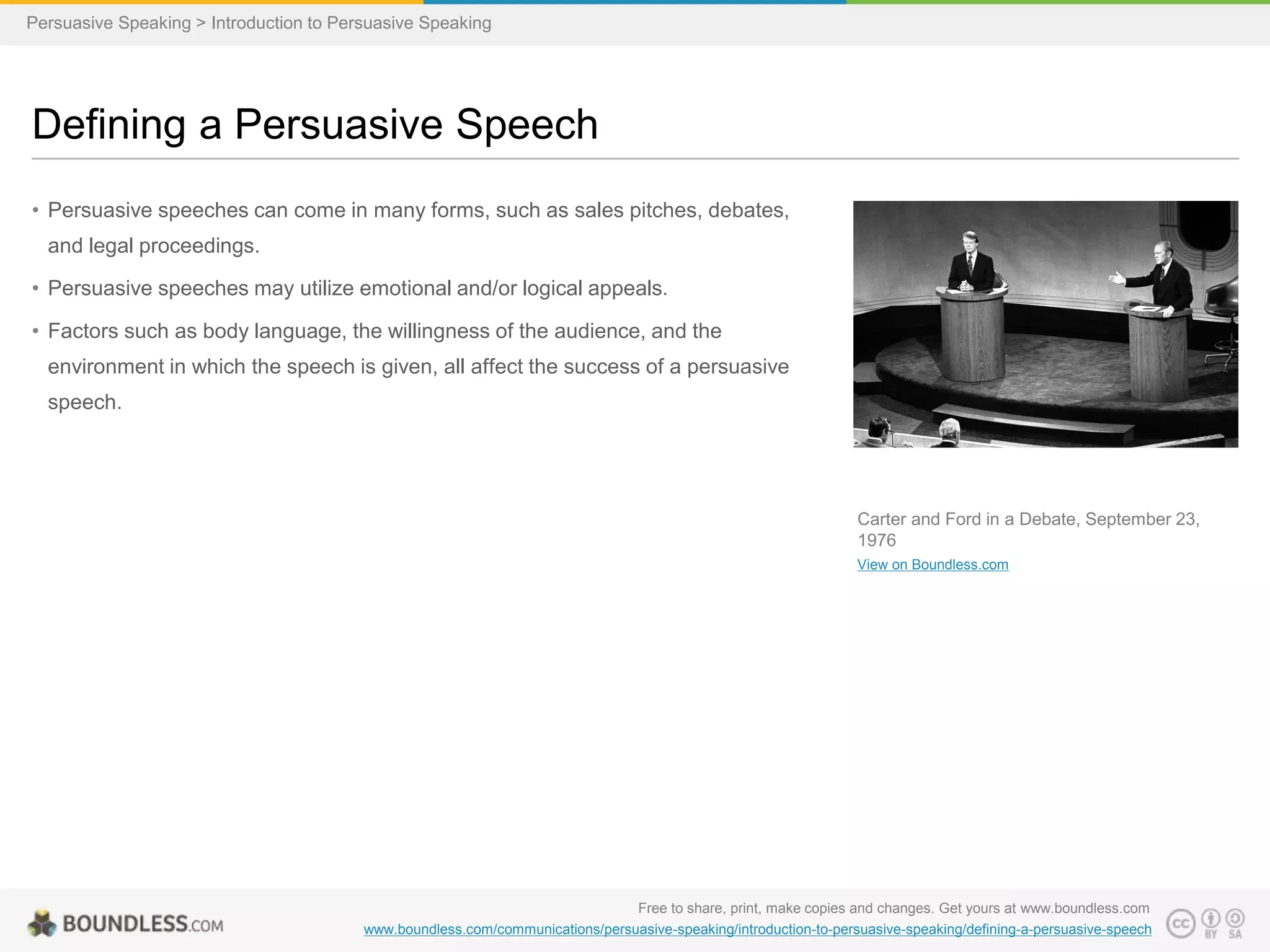 Persuasive Speaking > Introduction to Persuasive Speaking

Defining a Persuasive Speech
• Persuasive speeches can come in many forms, such as sales pitches, debates,
and legal proceedings.

• Persuasive speeches may utilize emotional and/or logical appeals.
• Factors such as body language, the willingness of the audience, and the
environment in which the speech is given, all affect the success of a persuasive
speech.

Carter and Ford in a Debate, September 23,
1976
View on Boundless.com

Free to share, print, make copies and changes. Get yours at www.boundless.com
www.boundless.com/communications/persuasive-speaking/introduction-to-persuasive-speaking/defining-a-persuasive-speech

 