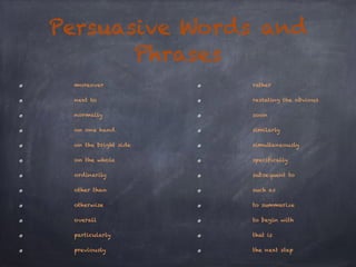 Persuasive Words and 
moreover 
next to 
normally 
on one hand 
on the bright side 
on the whole 
ordinarily 
other than 
otherwise 
overall 
particularly 
previously 
rather 
restating the obvious 
soon 
similarly 
simultaneously 
specifically 
subsequent to 
such as 
to summarize 
to begin with 
that is 
the next step 
Phrases 
 