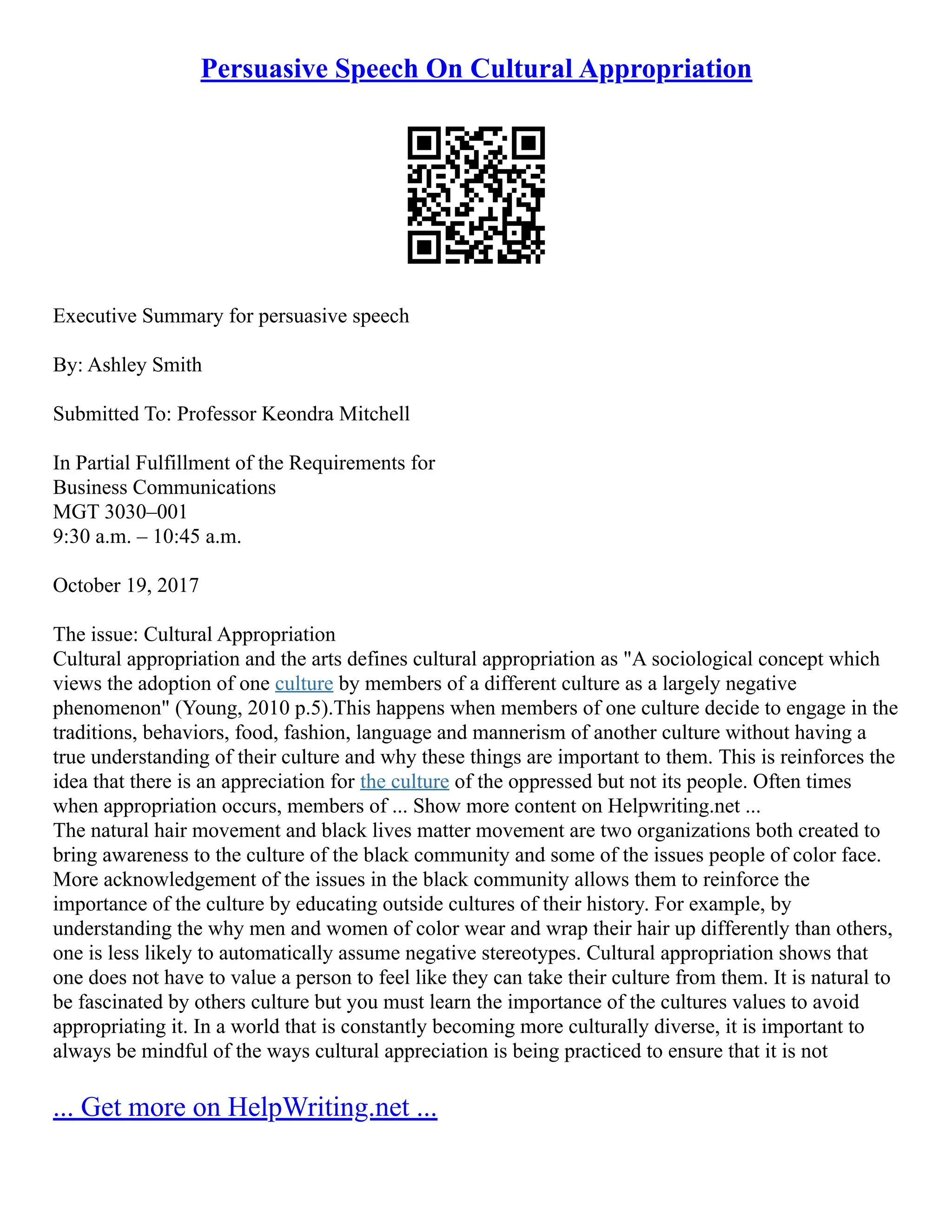 Persuasive Speech On Cultural Appropriation | PDF