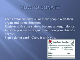 HOW TO DONATEEach Donor can save 30 or more people with their organ and tissue donation.Register with your state to become an organ donor. Indicate you are an organ donator on your driver’s license. Sign a donor card –Carry it with you.