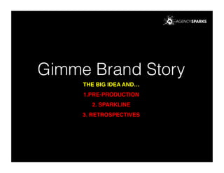 Gimme Brand Story
THE BIG IDEA AND…!
1.PRE-PRODUCTION !
2. SPARKLINE !
3. RETROSPECTIVES!
 