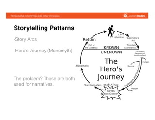 PERSUASIVE STORYTELLING Other Principles!
Storytelling Patterns!
- Story Arcs
- Hero’s Journey (Monomyth)
The problem? These are both
used for narratives.
 