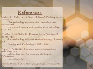 References Brabec, K., Fisher, K., & Pitler, H. (2004). Building better instruction:  How technology supports nine research-proven instructional  strategies.  Learning and Leading withTechnology , 31(5), 6-11.  Cradler, J., McNabb, M., Freeman, M., & Burchett, R. (2002).  How  does technology influence student learning?  Learning and  Leading with Technology , 29(8), 46-56. Earle, R. S. (2002). The integration of instructional technology into  public education: Promises and challenges.  Educational  Technology ,  42 . Harvey-Woodall, A. (2009).  Integrating technology into the  classroom: How does it impact student achievement?  Retrieved  from  http://www.eric.ed.gov/PDFS/ED505984.pdf Ringstaff, C., & Kelley, L. (2002).  The learning return on our  educational technology investment: A review of findings from  research.  WestEd,  2002. 