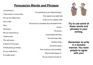 Persuasive Words and Phrases
I am writing to...
                                       I am speaking to you today because...
I have heard a rumour that...
                                                   This needs to be dealt with
We can do without this...
                                                   It will ruin our quality of life.
How unfair!
                                No-one but a complete idiot will believe that...       Try to use some of
Now...
                                                                          Surely...     these words and
Obviously...                                                                             phrases in your
                                                                     Of course...
We can solve this by...                                                                      writing.
                                                       Local people feel that...
I believe that...
                                                          This will mean that...
This will cause...
                                                                 Another thing...      Remember to write
A friend of mine says...
                                                              Just think about...        in a forceful
If these plans go ahead...                                                             manner. You want
                                               How could you (we) possibly…
Do you really think…..                                                                  people to agree
                                                      What would happen if…                with you!
Is it really worth…
                                                  Do you want to be part of…
 