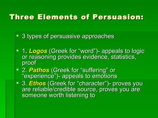 Three Elements of Persuasion:	3 types of persuasive approaches1. Logos (Greek for “word”)- appeals to logic or reasoning provides evidence, statistics, proof2. Pathos (Greek for “suffering” or “experience”)- appeals to emotions3. Ethos (Greek for “character”)- proves you are reliable/credible source, proves you are someone worth listening to