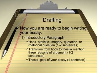 Drafting Now you are ready to begin writing your essay. 1) Introductory Paragraph Hook- statistic, imagery, quotation, or rhetorical question (1-2 sentences) Transition from hook to thesis- mention three reasons of argument (1-2 sentences) Thesis- goal of your essay (1 sentence) 