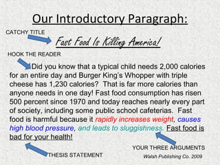 Our Introductory Paragraph:
Fast Food Is Killing America!
Did you know that a typical child needs 2,000 calories
for an entire day and Burger King’s Whopper with triple
cheese has 1,230 calories? That is far more calories than
anyone needs in one day! Fast food consumption has risen
500 percent since 1970 and today reaches nearly every part
of society, including some public school cafeterias. Fast
food is harmful because it rapidly increases weight, causes
high blood pressure, and leads to sluggishness. Fast food is
bad for your health!
CATCHY TITLE
HOOK THE READER
THESIS STATEMENT
YOUR THREE ARGUMENTS
Walsh Publishing Co. 2009
 