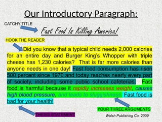 Our Introductory Paragraph:
Fast Food Is Killing America!
Did you know that a typical child needs 2,000 calories
for an entire day and Burger King’s Whopper with triple
cheese has 1,230 calories? That is far more calories than
anyone needs in one day! Fast food consumption has risen
500 percent since 1970 and today reaches nearly every part
of society, including some public school cafeterias. Fast
food is harmful because it rapidly increases weight, causes
high blood pressure, and leads to sluggishness. Fast food is
bad for your health!
CATCHY TITLE
HOOK THE READER
THESIS STATEMENT
YOUR THREE ARGUMENTS
Walsh Publishing Co. 2009
 
