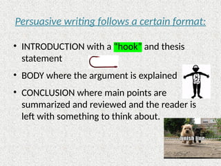 Persuasive writing follows a certain format:
• INTRODUCTION with a “hook” and thesis
statement
• BODY where the argument is explained
• CONCLUSION where main points are
summarized and reviewed and the reader is
left with something to think about.
 