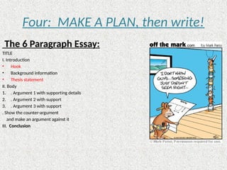 Four: MAKE A PLAN, then write!
The 6 Paragraph Essay:
TITLE
I. Introduction
• Hook
• Background information
• Thesis statement
II. Body
1. . Argument 1 with supporting details
2. . Argument 2 with support
3. . Argument 3 with support
. Show the counter-argument
and make an argument against it
III. Conclusion
 